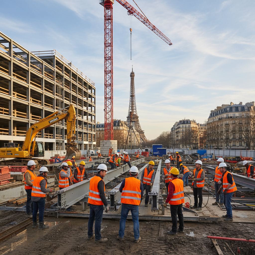 Chantier en France avec des travailleurs diversifiés collaborant.