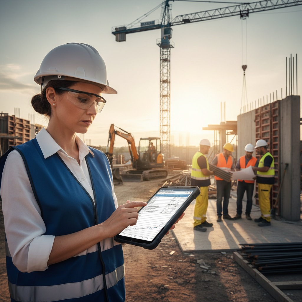 Chef de projet français examinant des tableurs budgétaires sur un chantier.