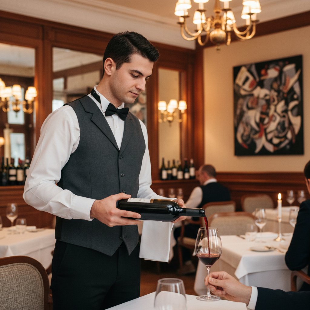 Serveur roumain professionnel serviable dans un restaurant français haut de gamme.