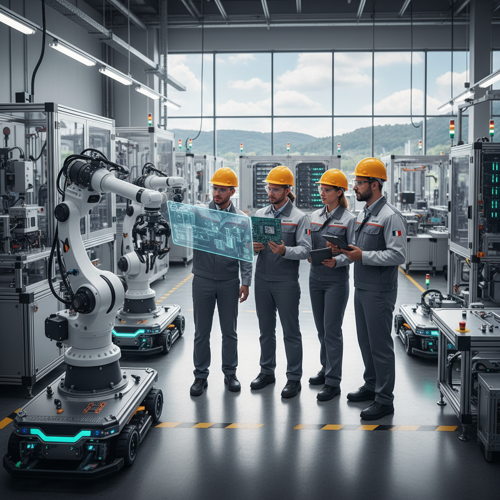 Collègues français et roumains collaborant dans une usine high-tech en France.