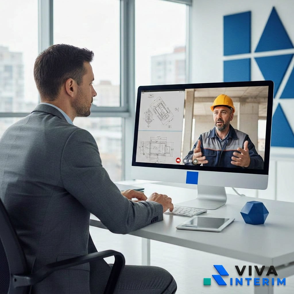 Un recruteur mène un entretien en visioconférence avec un ouvrier du bâtiment roumain, projetant des plans techniques sur un écran d'ordinateur, tandis que l'ouvrier détaille son parcours professionnel.