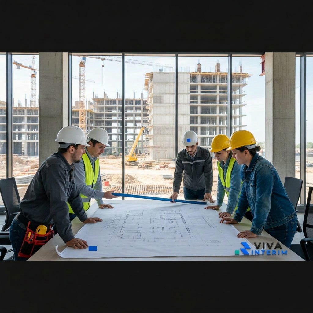Un plan architectural d'un grand bâtiment en béton, supervisé par une équipe de plusieurs ouvriers, dont un spécialiste roumain, qui étudient l'aménagement du site.